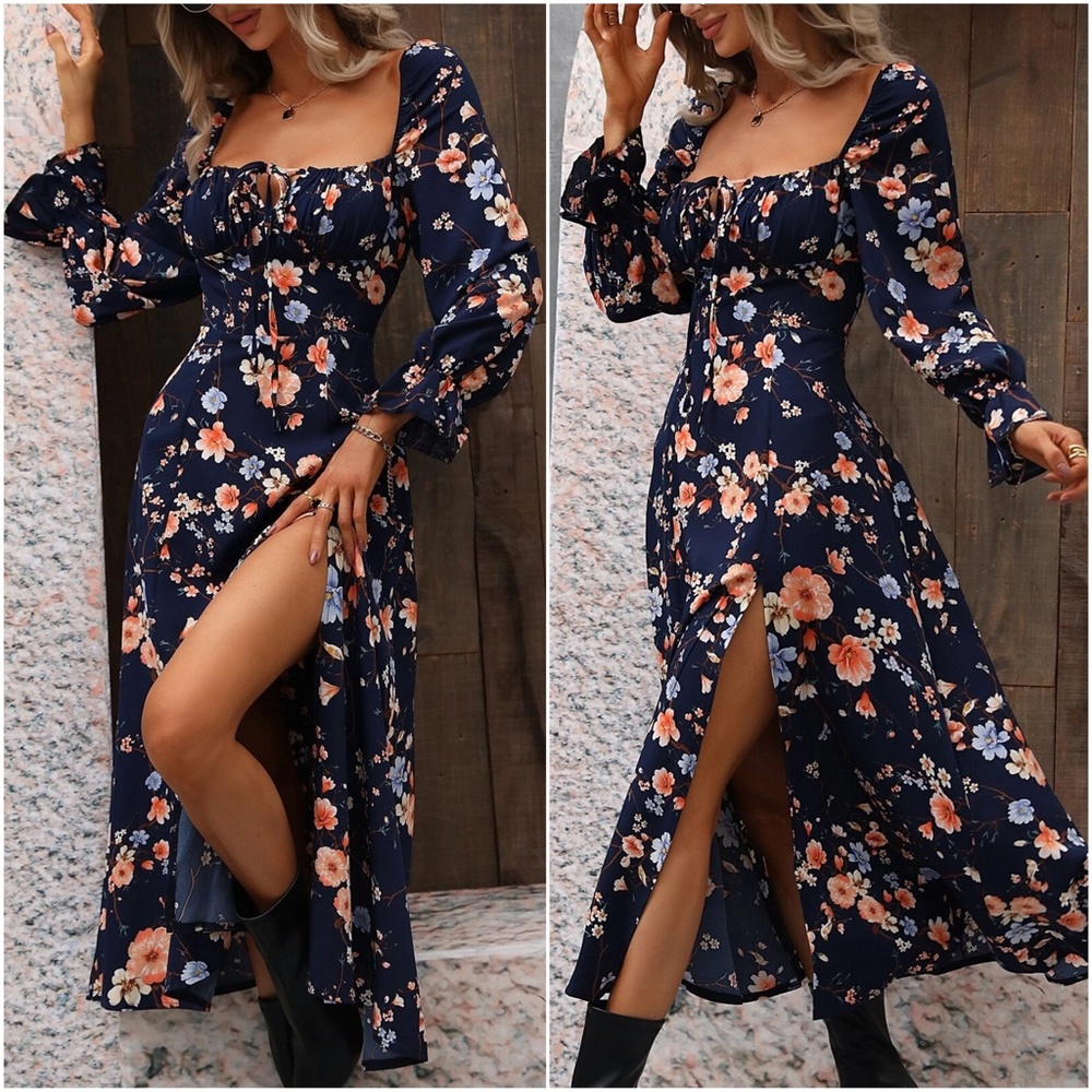 Boho Floral Print Ruffle Sleeve Maxi Dress - Picture 2 of 8